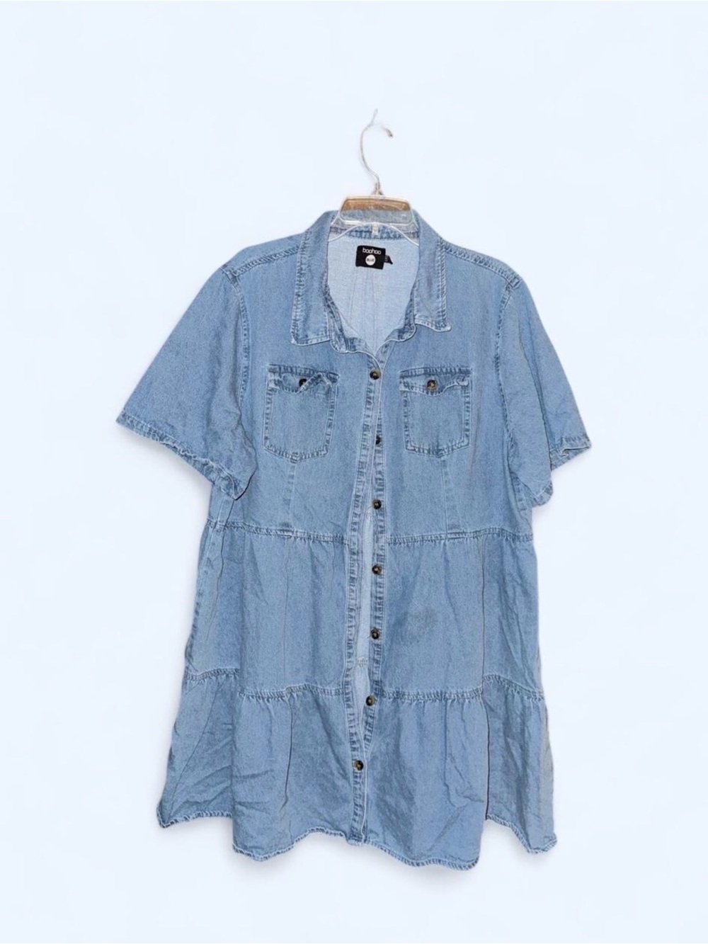 Boohoo Light Blue Denim Tiered Shirt Dress
